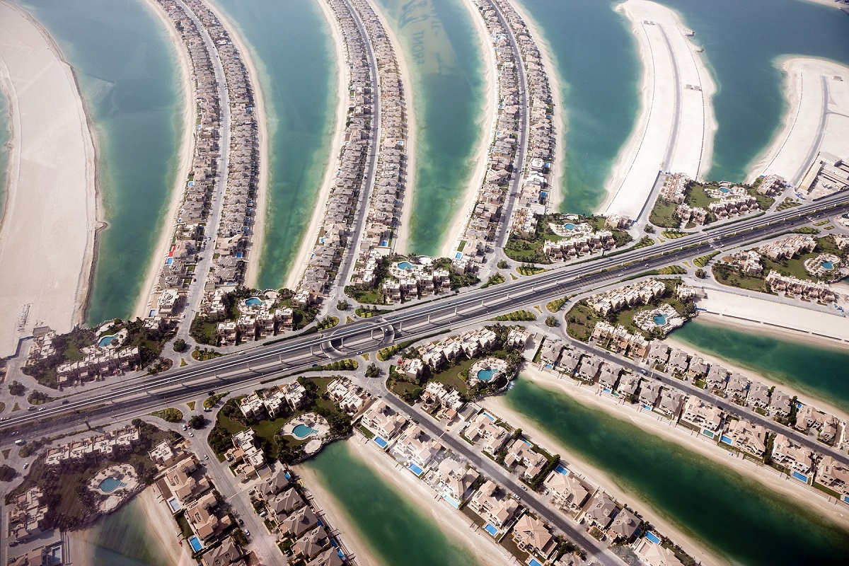 Aerial view of Dubai with coastlines