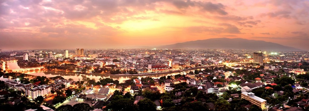 Aerial view of Ping River across Chiang Mai city