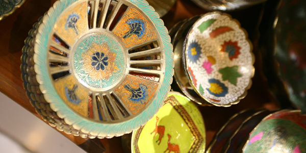 Ornate dishes for sale in Karama Market - Shopping in Dubai