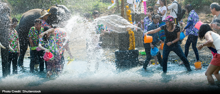 People and elephants splashing water during Songkran in Chiang Mai